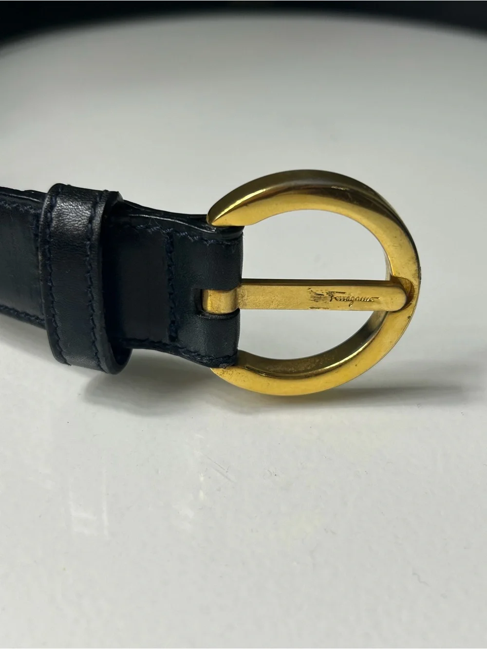 Salvatore Ferragamo Navy Blue Gancini Belt w Gold Buckle 30.5”L